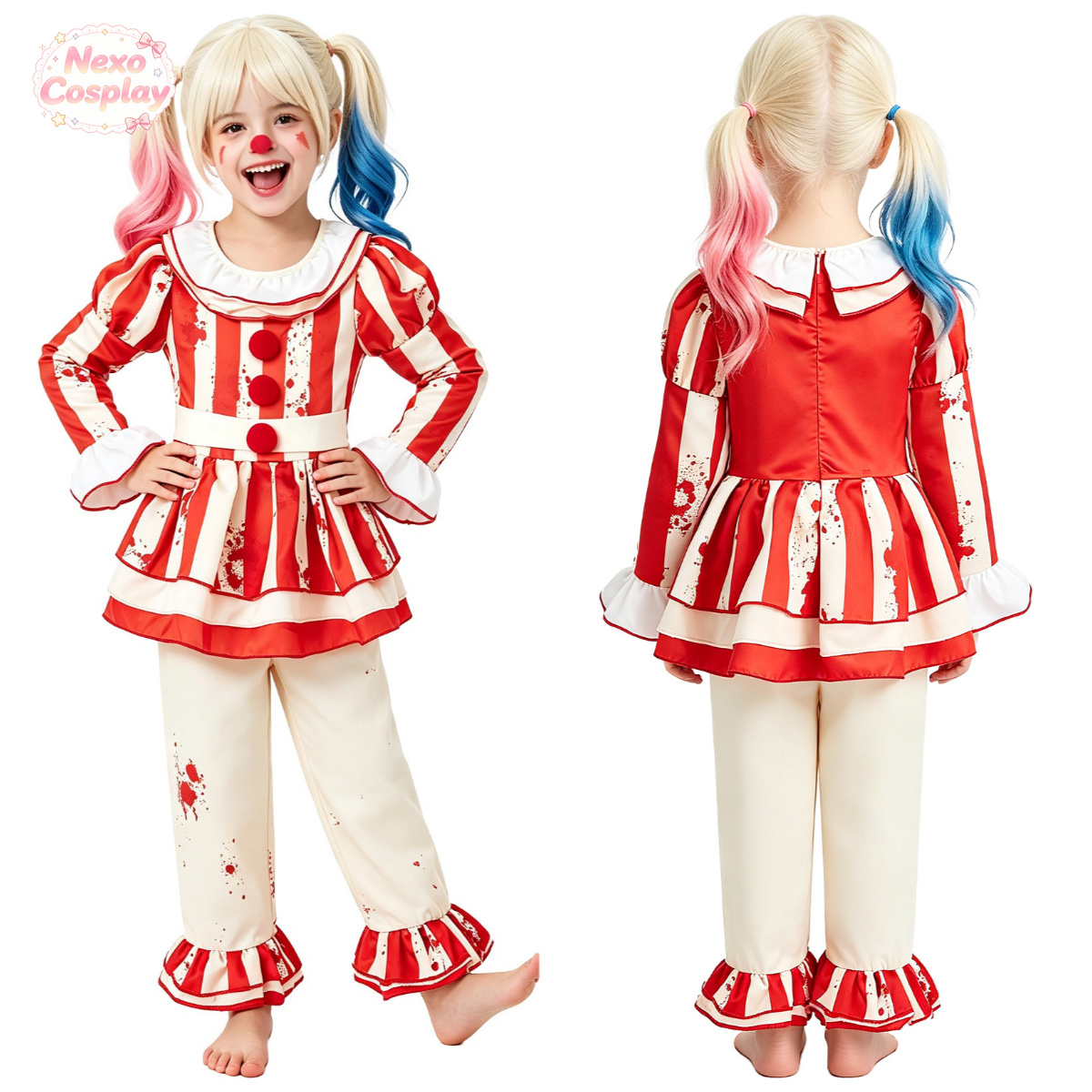 Halloween Costume Kids - Kids Red White Striped Horror Clown