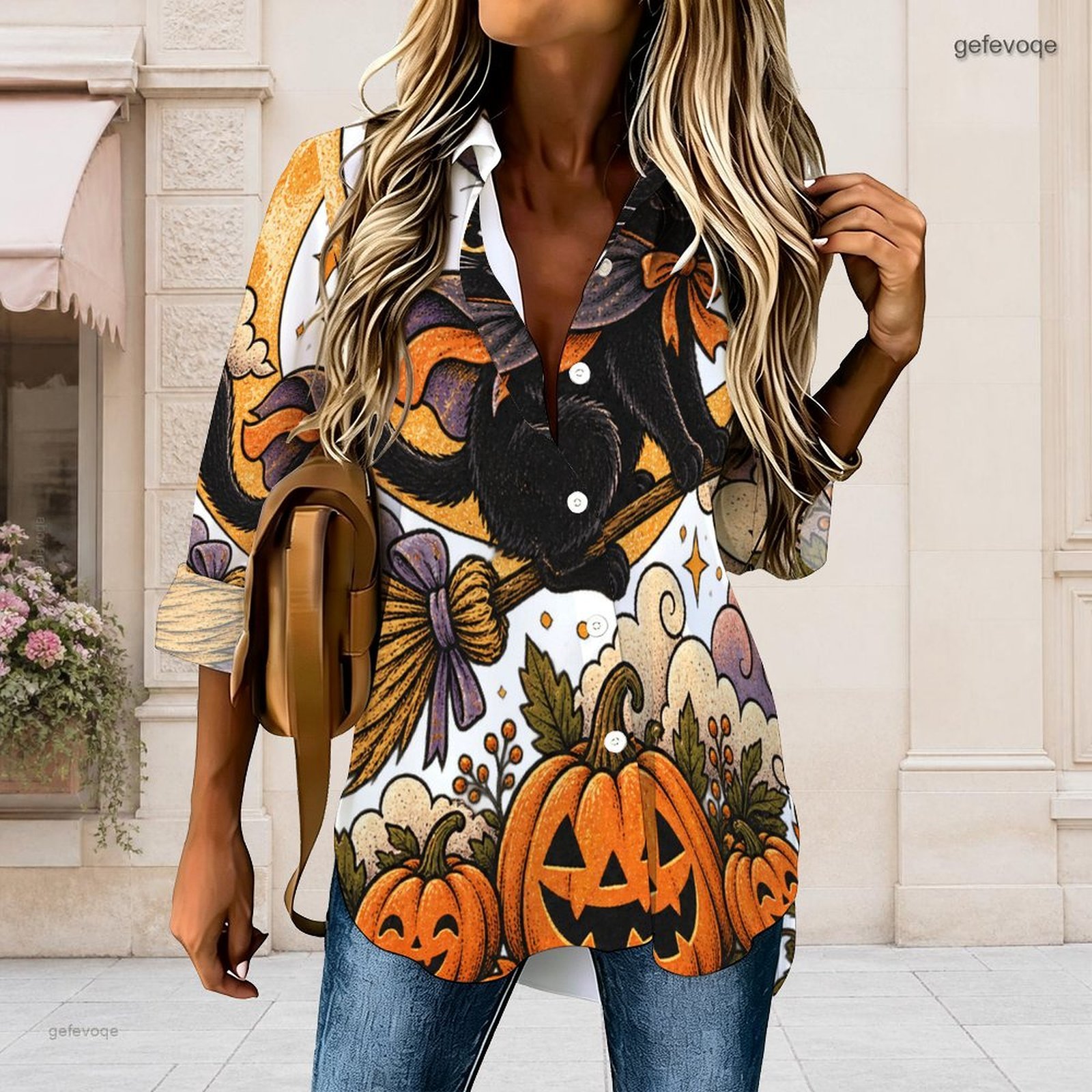 Pumpkin Lantern Halloween - Women Halloween Printed Collared Shirt Black